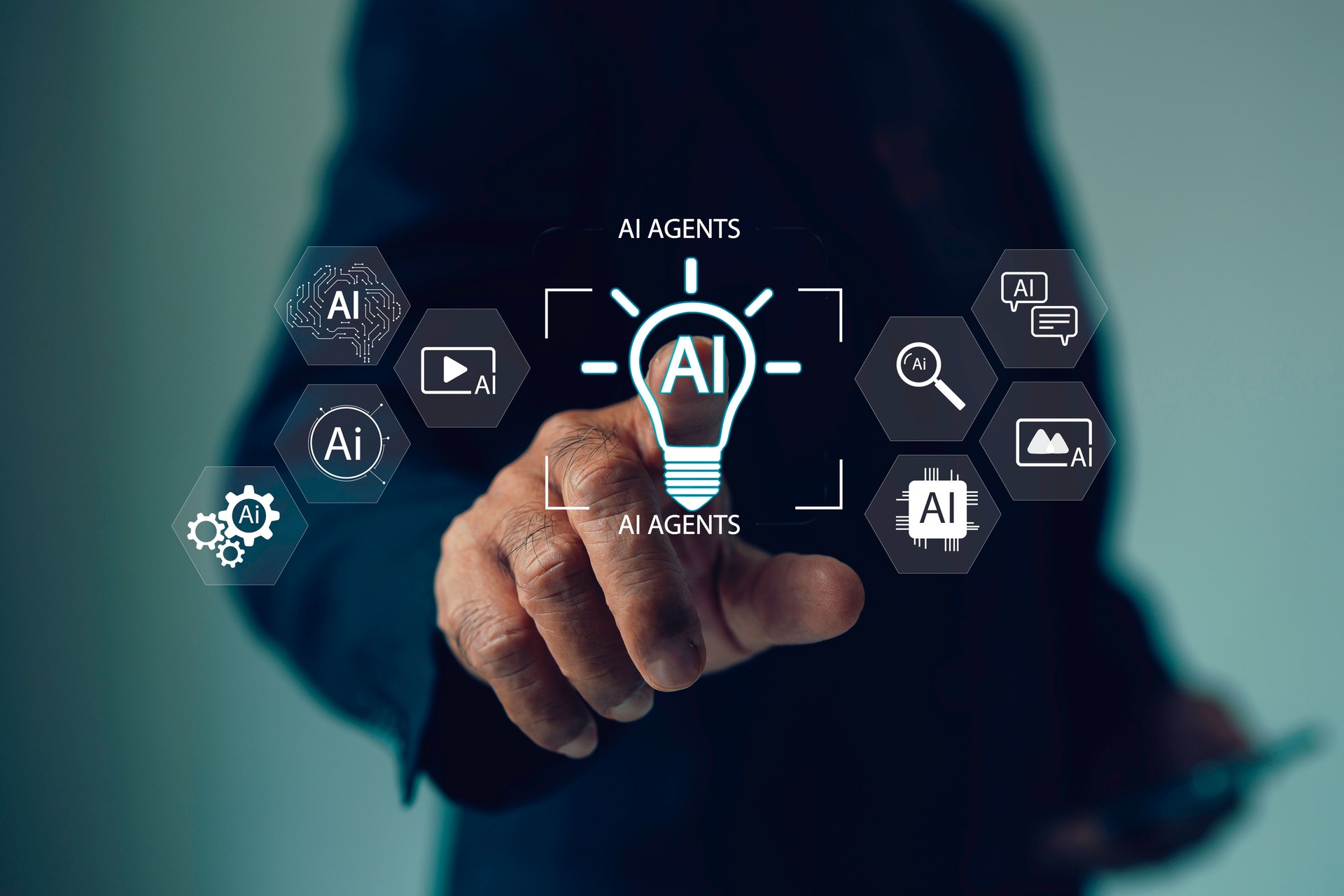 The Futuristic concept of AI agents technology with businessman pointing at virtual interface. Innovation in artificial intelligence, automation, and digital transformation.