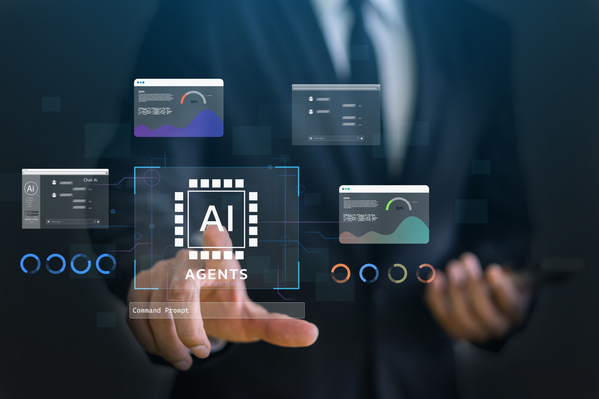 Ai agent system, future of AI automation in enterprise, people with artificial intelligence innovation, data analytics and development, smart technology, digital transformation and business automation
